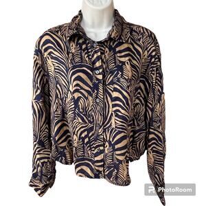 Banana Republic Heritage Expedition Zebra Print Button Down Top Linen Womens S